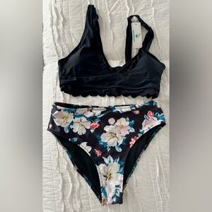 beachsissi Scalloped Mesh Patchwork Floral Print Bikini Set